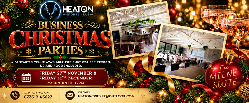 Business Christmas Parties at The Milne Suite, Heaton Sports Club Bolton, with food and DJ entertainment for £20 per person.
